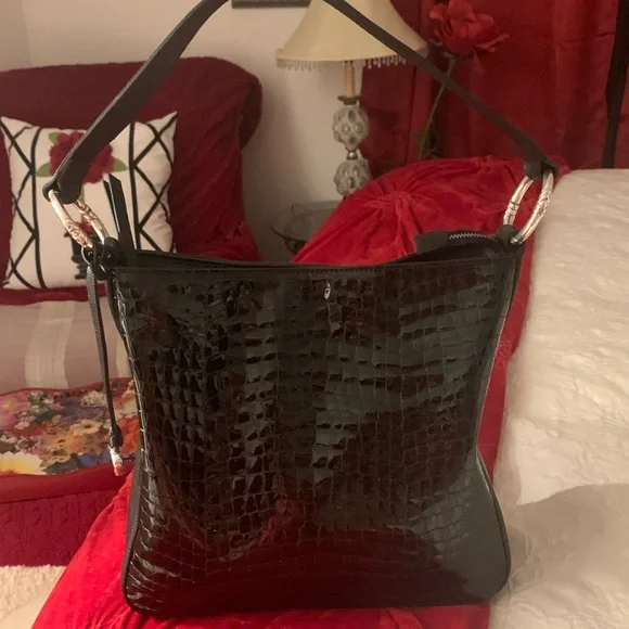 Brighton Cher black mock croc patent leather purse